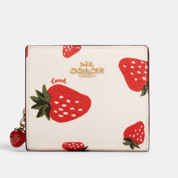 🍓 Coach Snap Wallet With Wild Strawberry Print Gold/Chalk Multi - Picture 2 of 13